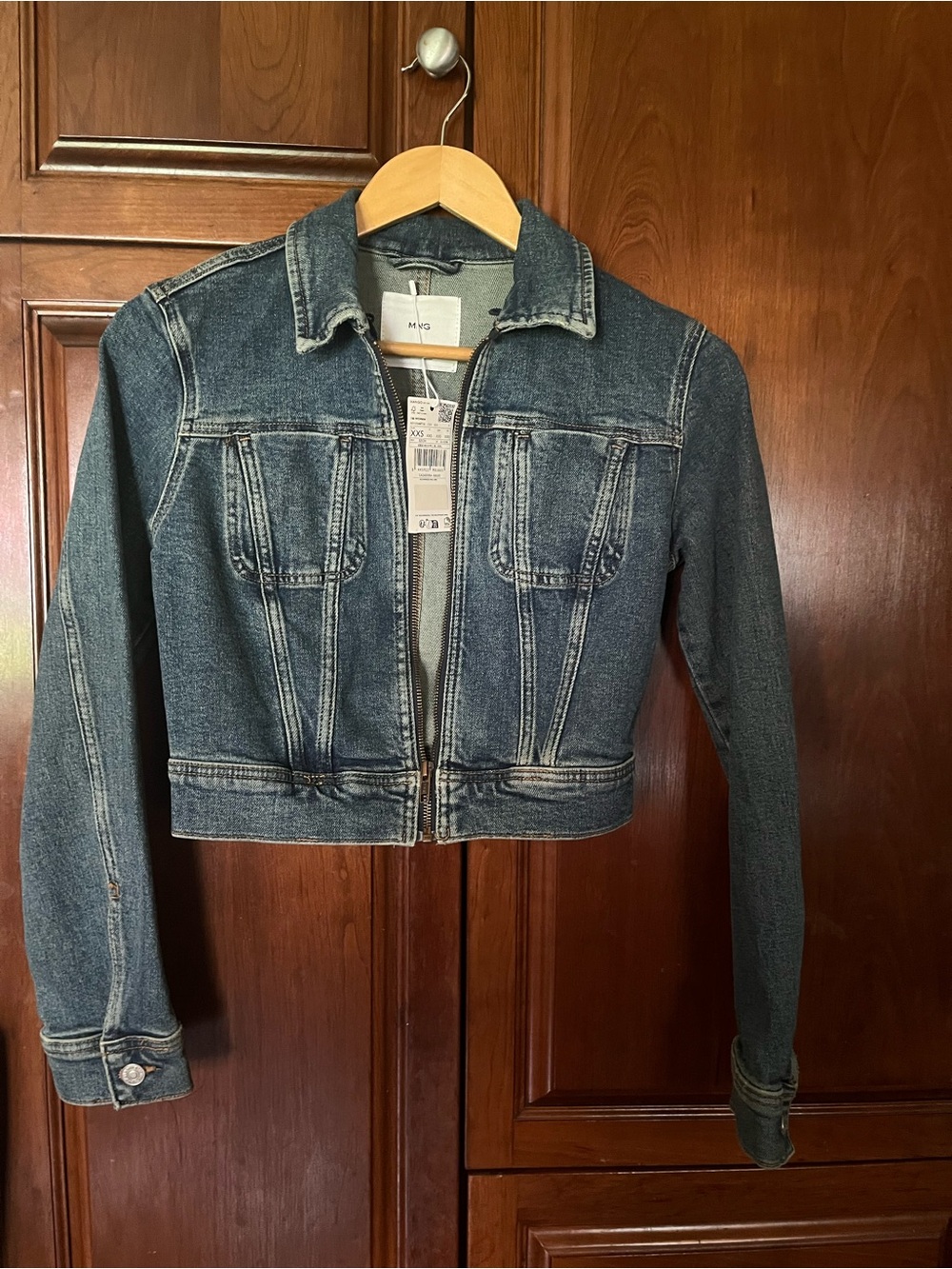 Mango Blue Denim Crop Jacket with Cream Detachable Sherpa Collar